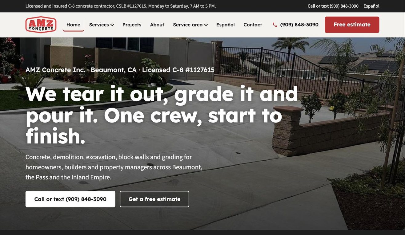 AMZ Concrete website home page